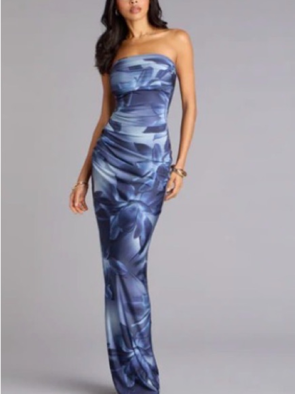 Windsor Blue Ruched Satin Maxi Dress